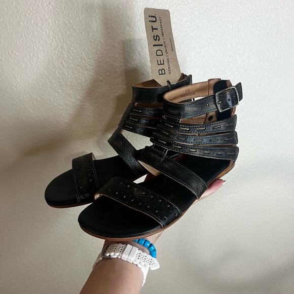 BED|STÜ Artemis Sandals Womens 7.5 Black Strappy Leather Gladiator Buckle NEW - Picture 2 of 6